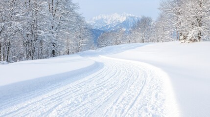 Obraz premium Snowy winter trail winding through a forest, mountains in the background. Possible use Travel brochure, winter wonderland poster, nature wallpaper