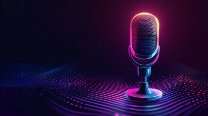 Neon microphone with abstract digital waves in vibrant colors