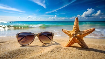 sun glasses and starfish on beach
