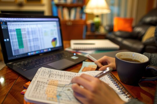 Businesswoman Analyzing Financial Budget in Cozy Home Office Setting for Professional Planning