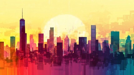 Colorful abstract cityscape with geometric buildings at sunset