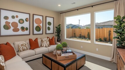 Fototapeta premium Cozy Living Room Interior with Neutral Decor and Natural Light