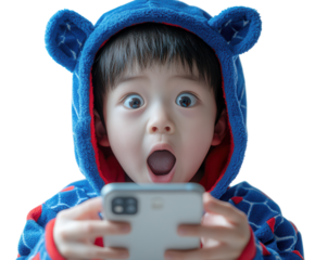 Chinese boy in superhero costume emerging from a smartphone screen with a surprised expression. PNG transparent.