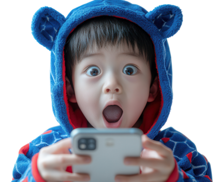 Chinese boy in superhero costume emerging from a smartphone screen with a surprised expression. PNG transparent.