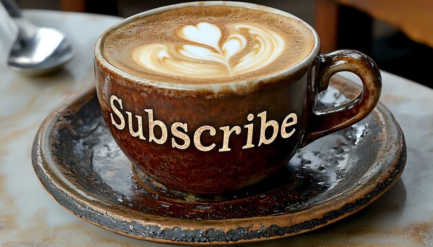 Coffee cup with latte art heart pattern and text Subscribe on brown ceramic mug, placed on rustic saucer. Foam design in creamy cappuccino creates social media concept. - Powered by Adobe