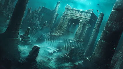 Fantasy illustration of underwater view of submerged ruins of ancient city with stone figurines and walls. submerged. illustration. Ancient Ruins Underwater. Illustration