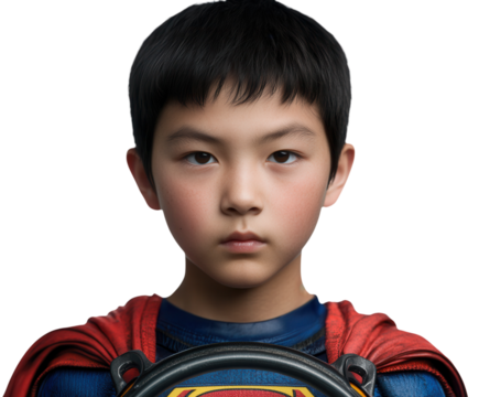 Chinese boy with superhero cape and toy steering wheel, dreaming of being a race car driver. PNG transparent. - Powered by Adobe