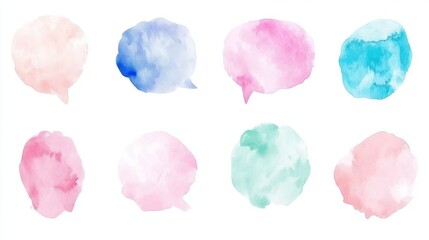 Pastel watercolor speech bubbles in various colors on white background