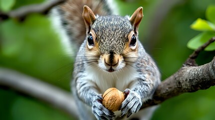 Obraz premium Curious grey squirrel holding walnut on tree branch, close-up portrait with direct eye contact against blurred green natural background. Wildlife photography.