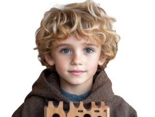 Blonde boy with superhero cape and toy tools, inspired expression, dreaming of being an engineer. PNG transparent.