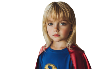 Blonde boy with superhero cape and toy tools, inspired expression, dreaming of being an engineer. PNG transparent.