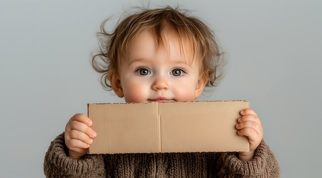 Caucasian toddler with bright blue eyes and curly hair holding blank cardboard sign, wearing brown knit sweater against light gray background. For family or childhood concepts. - Powered by Adobe