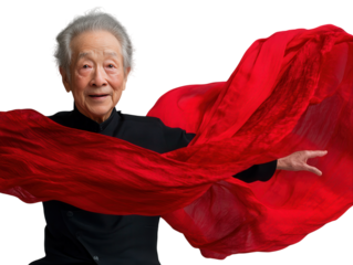 Asian elderly man mid-air jump with a scarf flowing, joyful expression. PNG transparent.