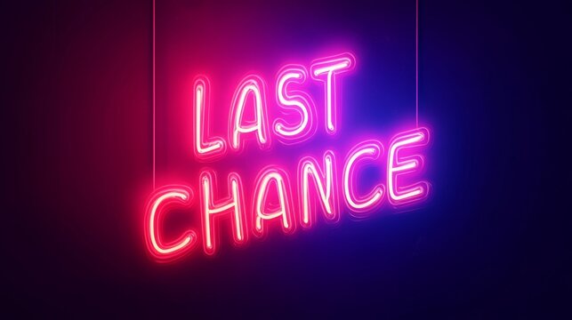 Bright neon last chance sign glowing in dark background