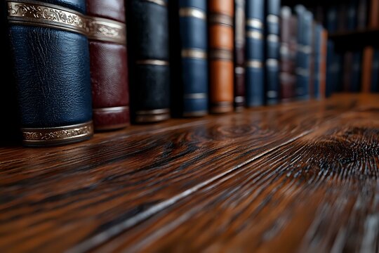 Row of vintage leather-bound books with ornate spines on rustic wooden table, selective focus creates depth. Background blurred for legal, education, library concepts.