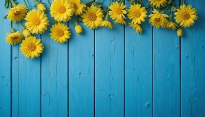 Fototapeta premium Yellow Flowers on Blue Wooden Background, Minimalist Photography Backdrop