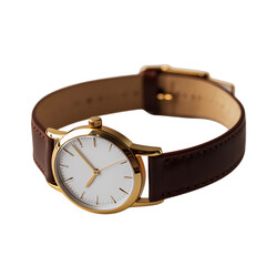 Gold Plated Watch with Brown Leather Strap Isolated on Transparent Background