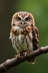 Naklejka premium Tiny Eurasian pygmy owl perched on a slender branch , plumage, owl