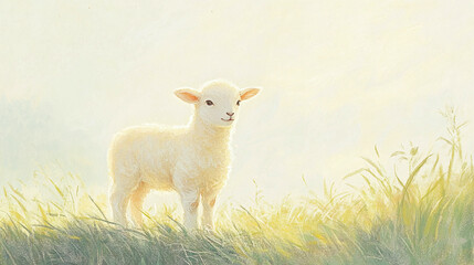 Obraz premium A gentle lamb standing in dewy grass, morning mist rising, soft pastel color palette