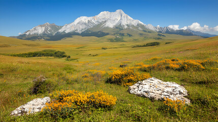 Fototapeta premium Mountain Meadow Landscape Sunny day, wildflowers, rocky foreground, majestic peak background. Use Travel/nature photography