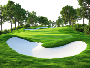 A lush green golf course fairway isolated. transparent PNG