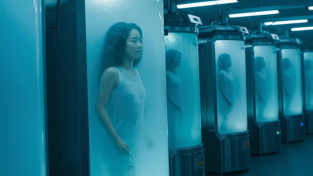 Asian woman in cryogenic chamber. Futuristic medical facility with multiple cryocapsules. Sci-fi concept of human hibernation for space travel or life extension