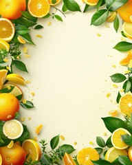 A vibrant frame of oranges and lemons surrounded by lush green leaves on a light background, perfect for food-related themes.
