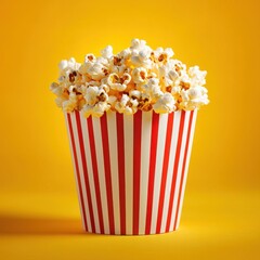 A classic red and white striped popcorn bucket overflowing with fluffy, buttery popcorn against a vibrant yellow background. Perfect for movie night!