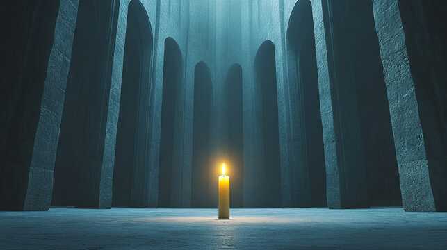 A golden paschal candle standing in a dark cathedral, its flame a single beacon of hope, dramatic contrast