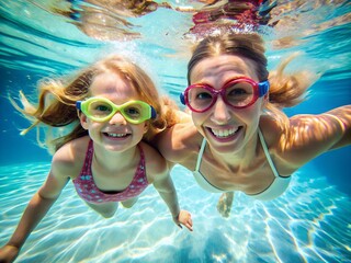 Dynamic underwater action shot of a mother and daughter swimming in a pool. They dive and splash, enjoying an exciting, refreshing, and playful summer vacation filled with joy and bonding