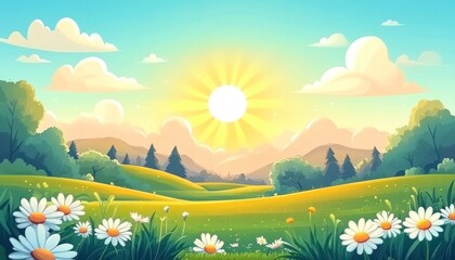 Fototapeta premium Sunny Day Meadow Landscape With Daisies And Rolling Hills