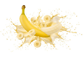 Banana with slices and juice exploding on transparent background, Banana bursting with juice and pieces on png background
