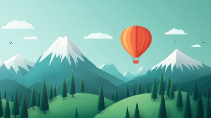 Colorful hot air balloon floating over snowy mountain landscape