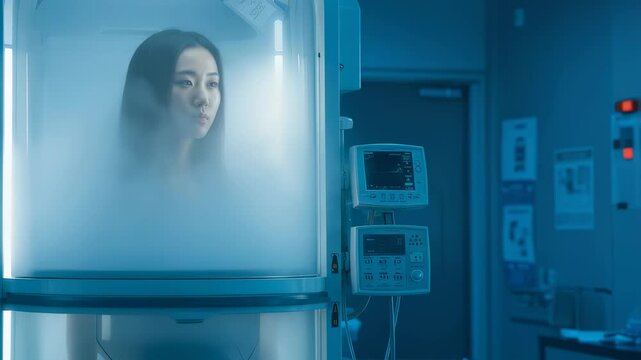 Asian woman in cryogenic chamber for medical experiment. Futuristic hibernation pod with vital sign monitors. Science fiction concept of suspended animation technology.