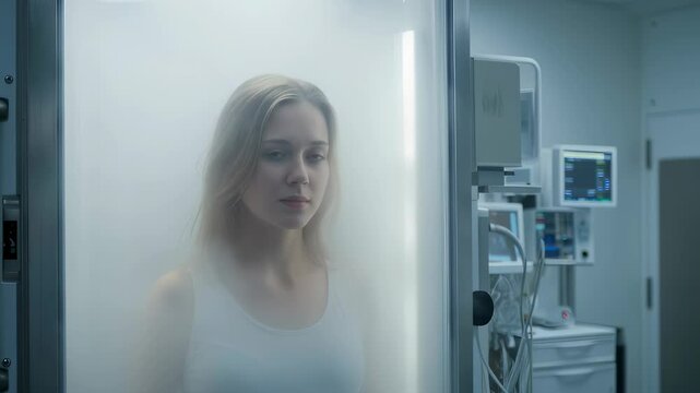 Woman in cryogenic pod for long-term hibernation. Futuristic medical technology for space travel or life extension. Sci-fi concept of suspended animation.