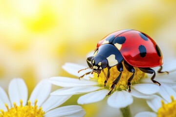 Fototapeta premium Ladybug on a White Daisy in Sunny Light