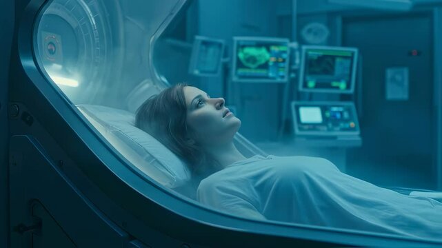 Woman in cryogenic sleep pod. Futuristic medical technology for long-term hibernation. Sci-fi concept of suspended animation in space travel or life extension