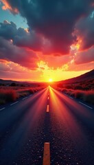 Cracked asphalt road against dramatic sunset sky, texture, warm, crack