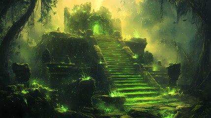 Fototapeta premium Mystical green jungle temple with stone platform and glowing plants. Bioluminescent Jungle Temple. Illustration