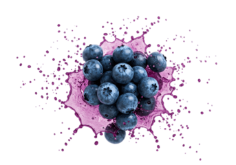 Blue berry with juice burst isolated on transparent background, blue berry juice splash png, juice explosion 