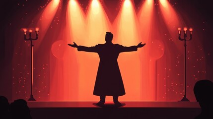 Dramatic stage performance silhouette of male performer on illuminated theater stage