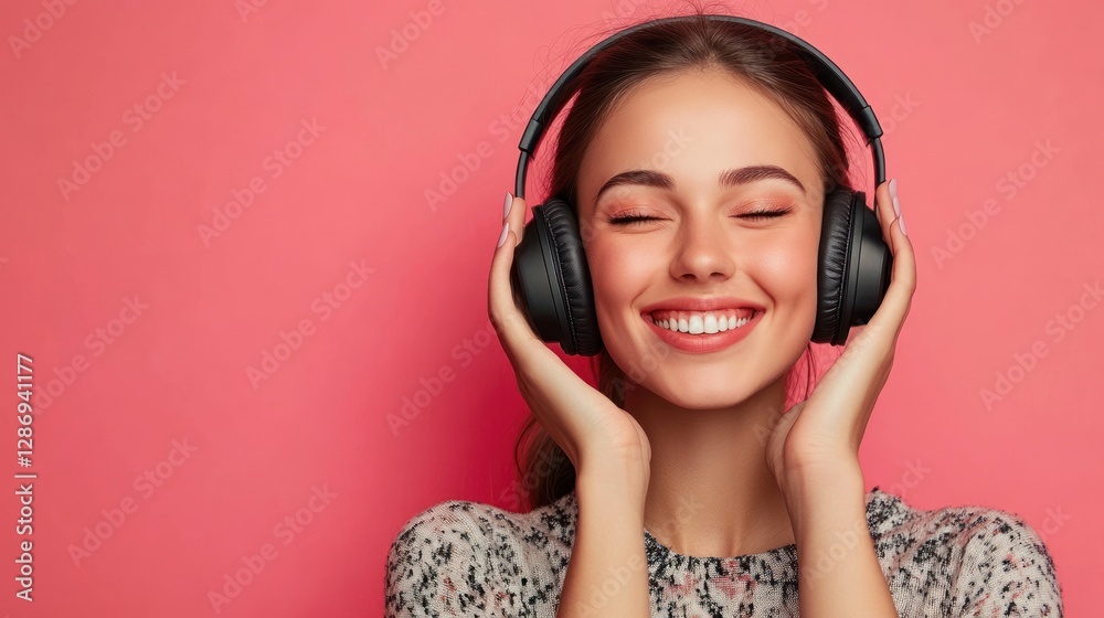 Wall mural Modern and cool woman listening music on headphones with smiley and happy attitude on trendy color background