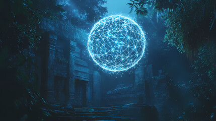 Fototapeta premium The futuristic network sphere is now floating above an ancient, mystical temple deep within a dense jungle. Bioluminescent Jungle Temple. Illustration