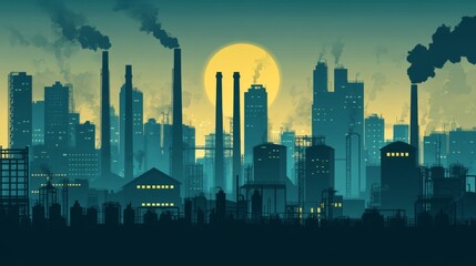 Fototapeta premium Urban industrial skyline at sunset with smoke and city buildings