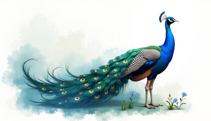 Fototapeta premium Detailed Peacock with Vibrant Plumage Standing Against Watercolor Background, Peacock with Open Feathers, Bird watching tour 