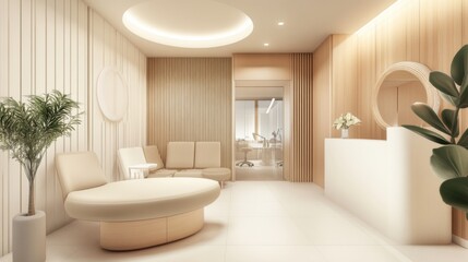 Modern minimalist waiting room with neutral colors and soft lighting