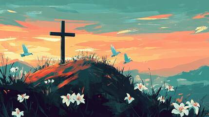 A wooden cross standing alone on a hill at sunset, surrounded by blooming lilies and doves, minimalist yet powerful