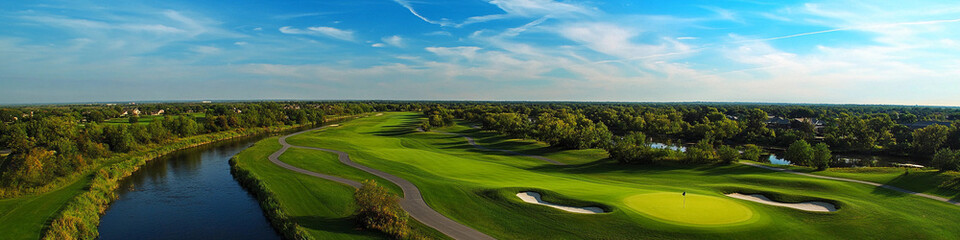 Scenic aerial view of a lush green golf course landscape. Generative AI