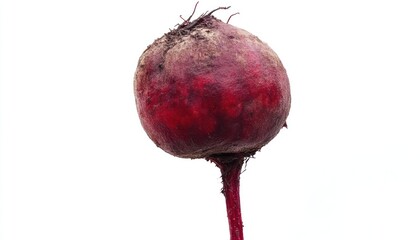 A Single Beetroot with its Stem on White Background