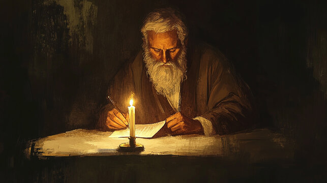 Apostle Paul writing his letters by candlelight in a dark prison, illuminated only by the glow of divine inspiration